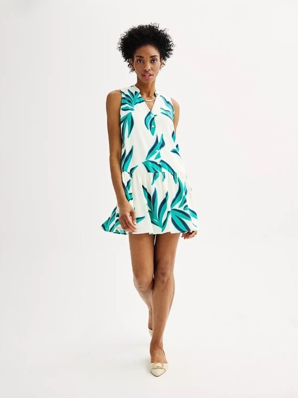 Nine West White Mini Dress with Teal and Dark Teal Leaf Print